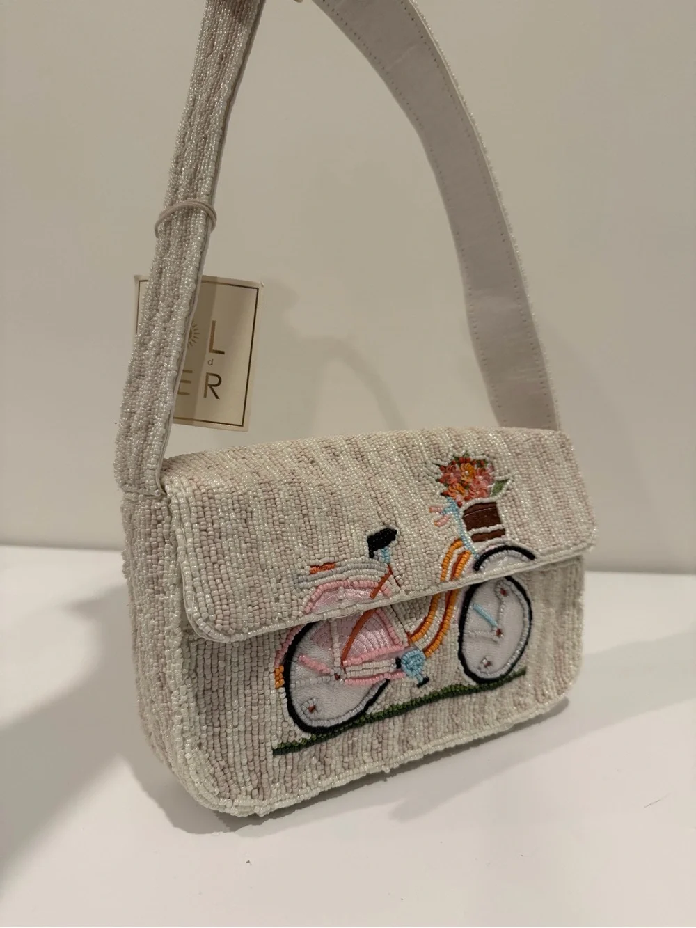 Beaded Bicycle Embroidered Crossbody Bag in Cream -